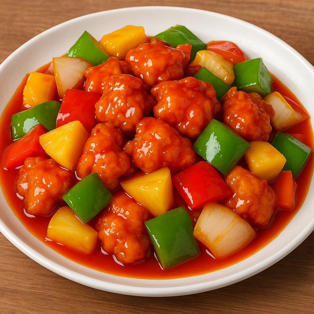 a plate of sweet and sour chicken, Chinese cuisine emoji