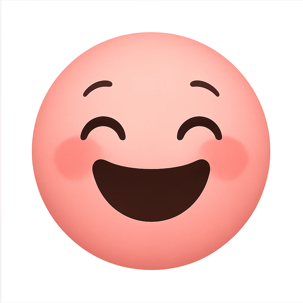 a cute pink laughing face emoji, big smile, closed eyes, blushing cheeks, joyful emoji