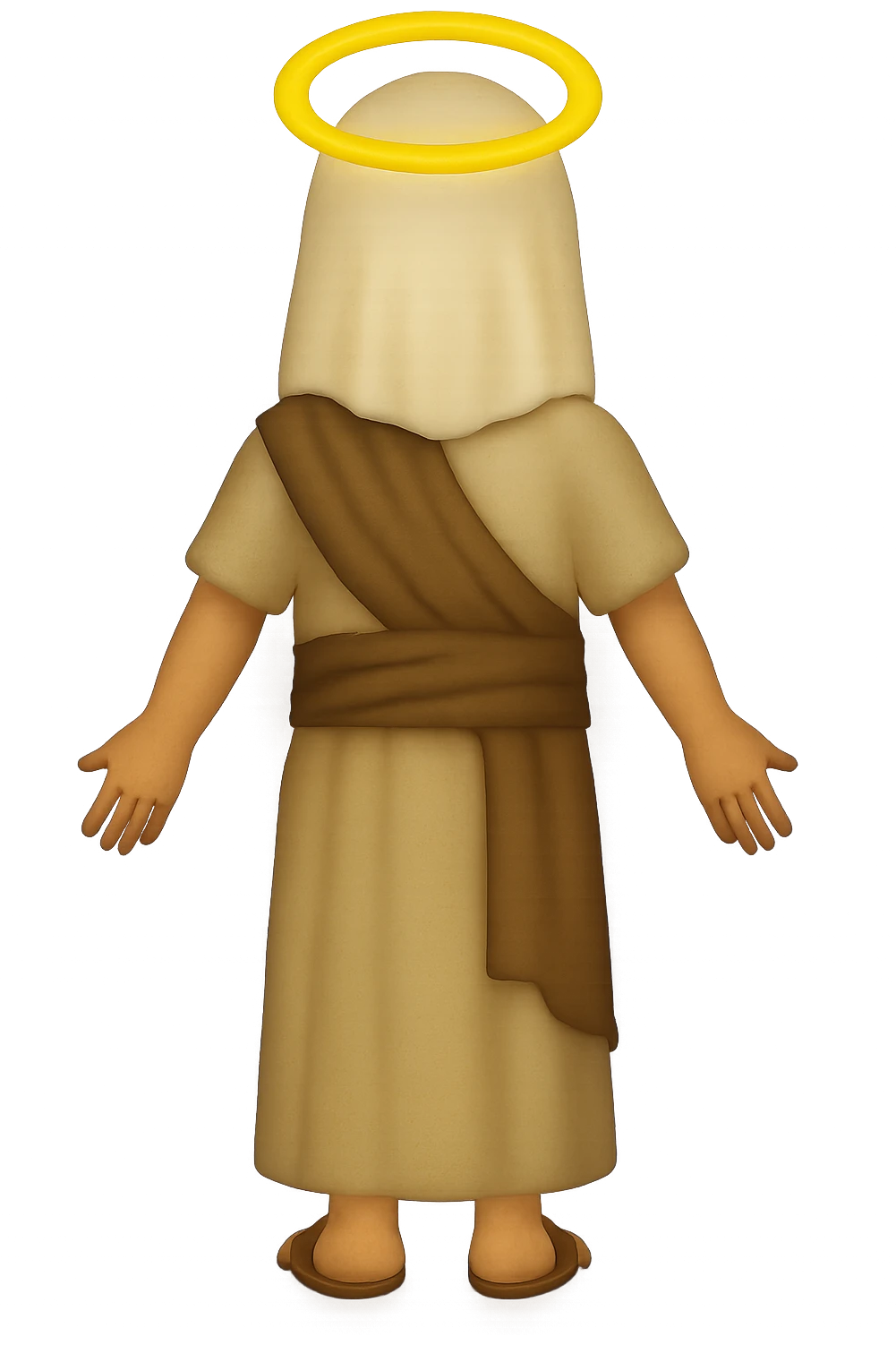 Create a back view, centered full body image of Apostle Peter in classic emoji style. He is facing away, smiling, with an expressive face and a halo, wearing the same clothing as the reference image: a robe with a brown sash and head covering, with long sleeves. No background. The style should mimic classic emoji style. emoji