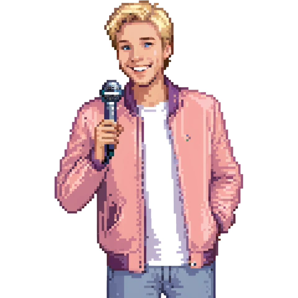Pixel art style, expressive male performer, Caucasian features, short sandy blonde hair, lively eyes, wide cheerful smile, wearing a coral violet jacket over white tee, tossing a microphone in one hand, waist-up, front-facing emoji