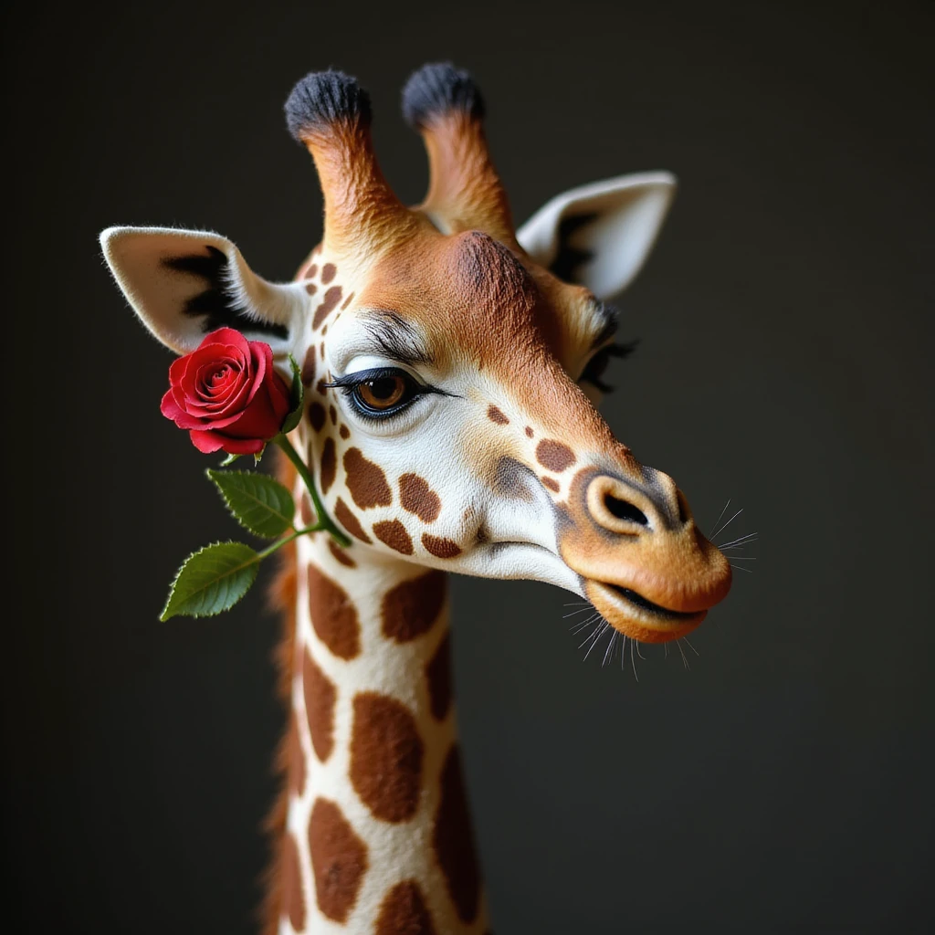 realistic giraffe with a red rose tucked behind her ear, detailed and lifelike, natural lighting and textures emoji