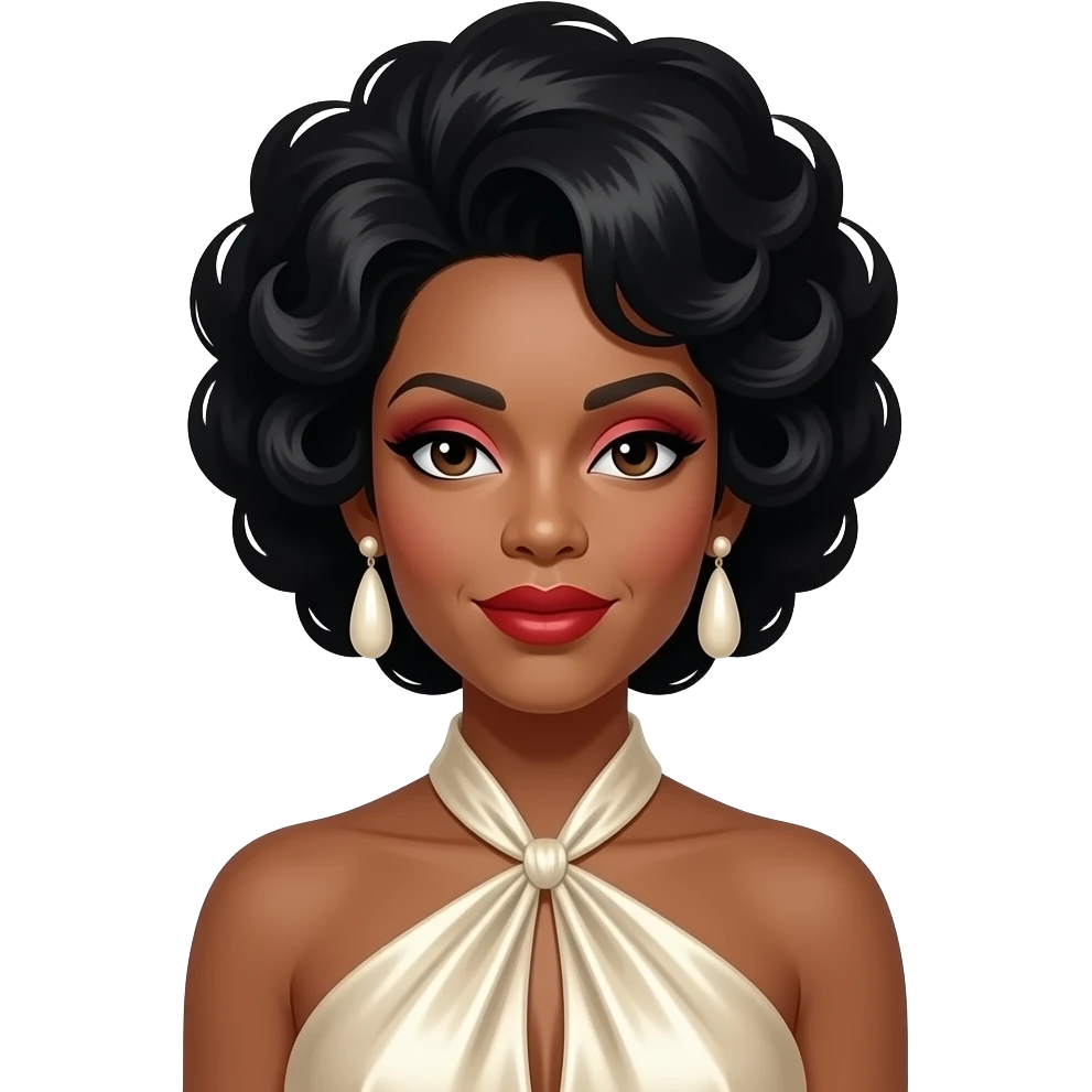 Aretha Franklin with dark brown eyes, black beehive hair, red eyeshadow and lipstick, ivory metallic halter dress, ivory earrings emoji