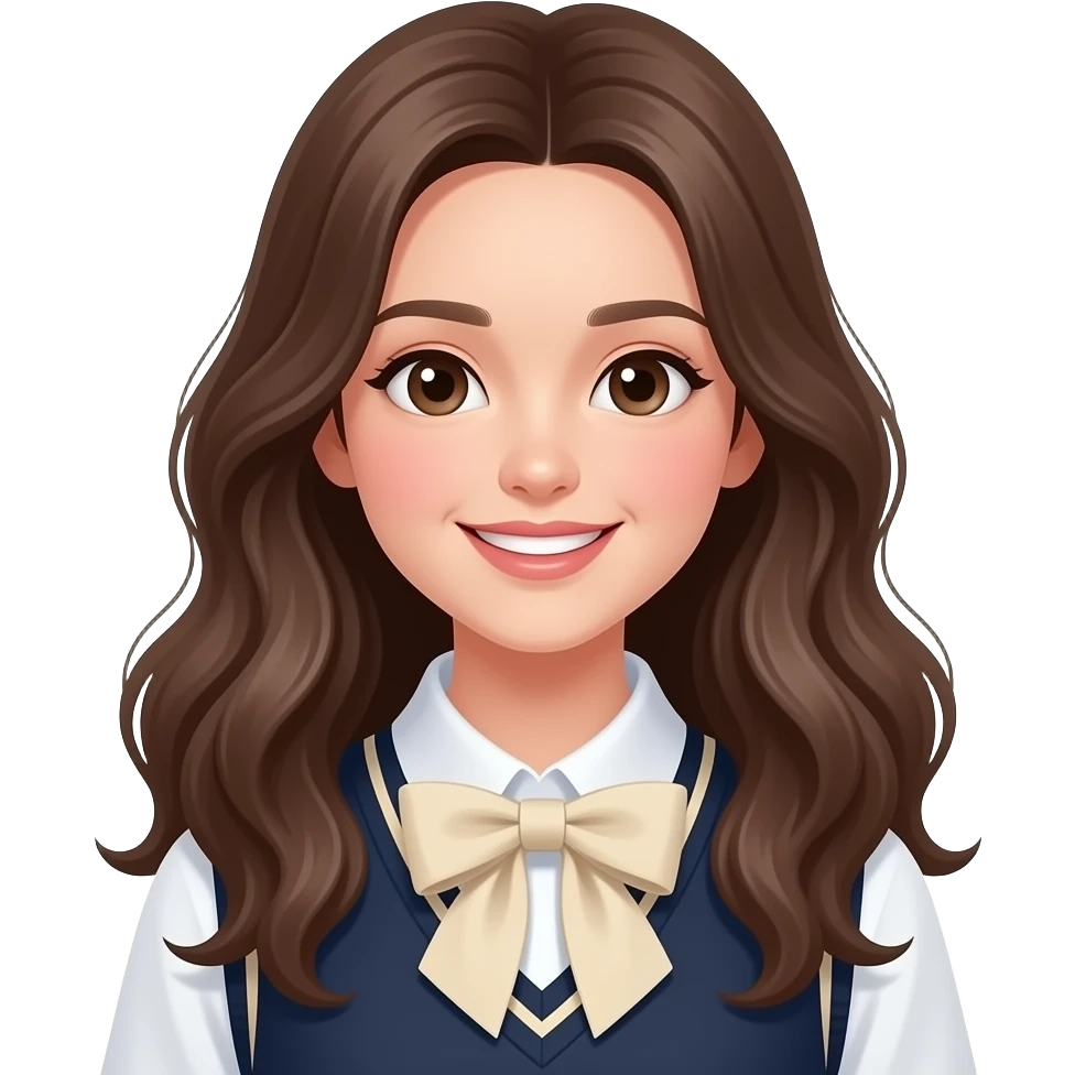 A female student with long hair, fair skin, rosy cheeks, and soft, natural curls. She has a bright smile and wears a minimalist white or beige bow. emoji