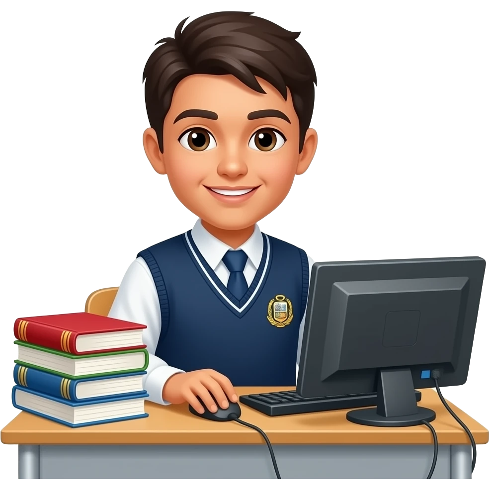 Peruvian high school student with books and computer in his classroom emoji