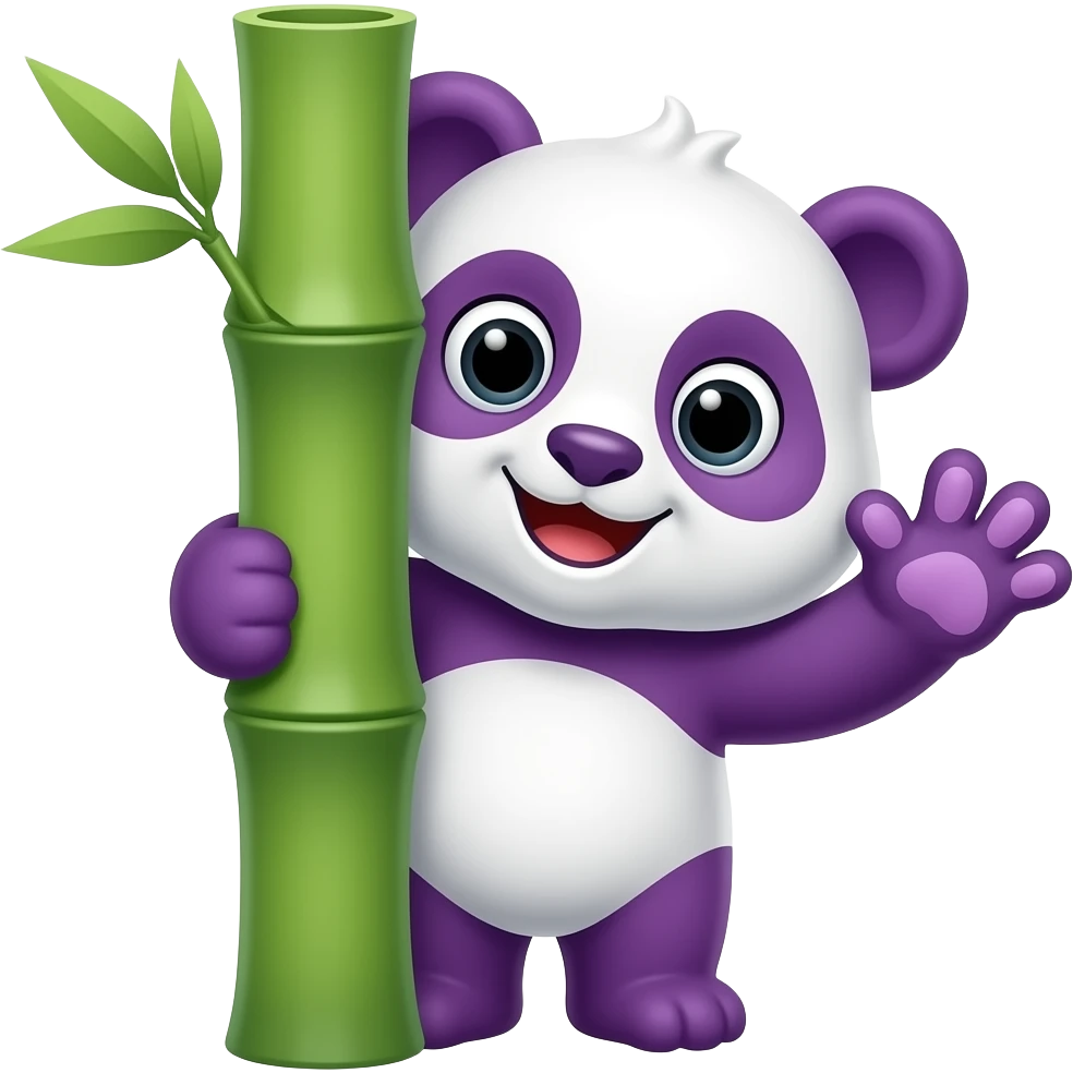 A purple panda mascot peeking out from behind a thick bamboo stalk, waving one paw with five toe fingers. Wide, friendly eyes, vibrant contrast between the purple fur and green bamboo, thick outlines, 2D flat design, professional emoji style. emoji