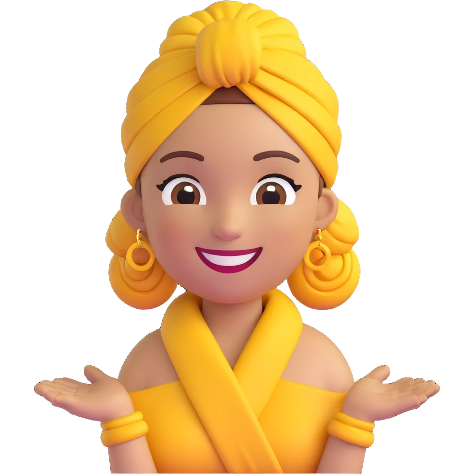 Create a 3D cartoon style emoji of the person in the reference photo, capturing her features, bright smile, yellow headwrap, and earrings. The pose should be friendly and welcoming with a transparent background. emoji