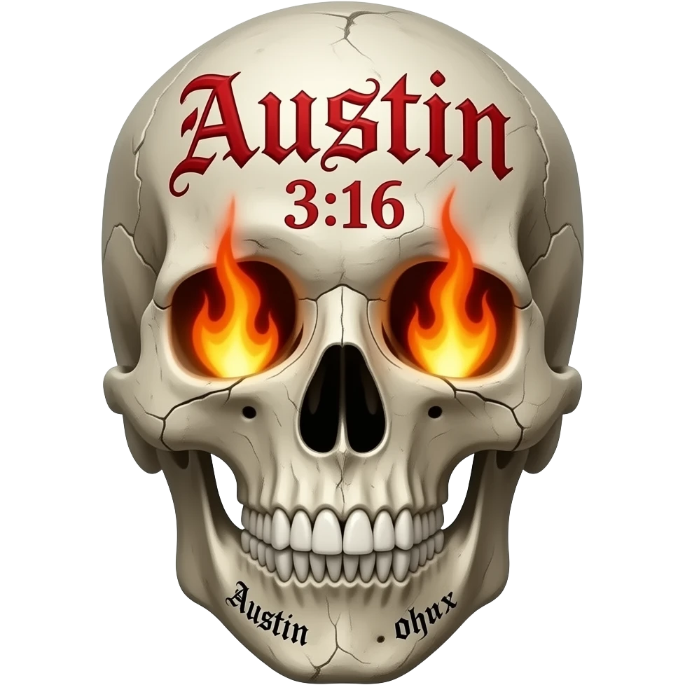 human skull with jaw, no teeth broken, the words Austin 3:16 in black ink, eye socket, and nose cavity need flames, words carved into its forehead in a Gothic font, show cracks, weathering, pieces missing, true flames come out of sockets, all fonts need to be bright red and stacked, embossed emoji