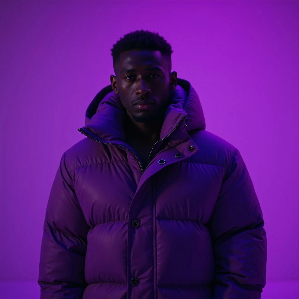 Cinematic still of a black man in purple puffer abstract jacket, purple solid background, cinematic soft lightning emoji