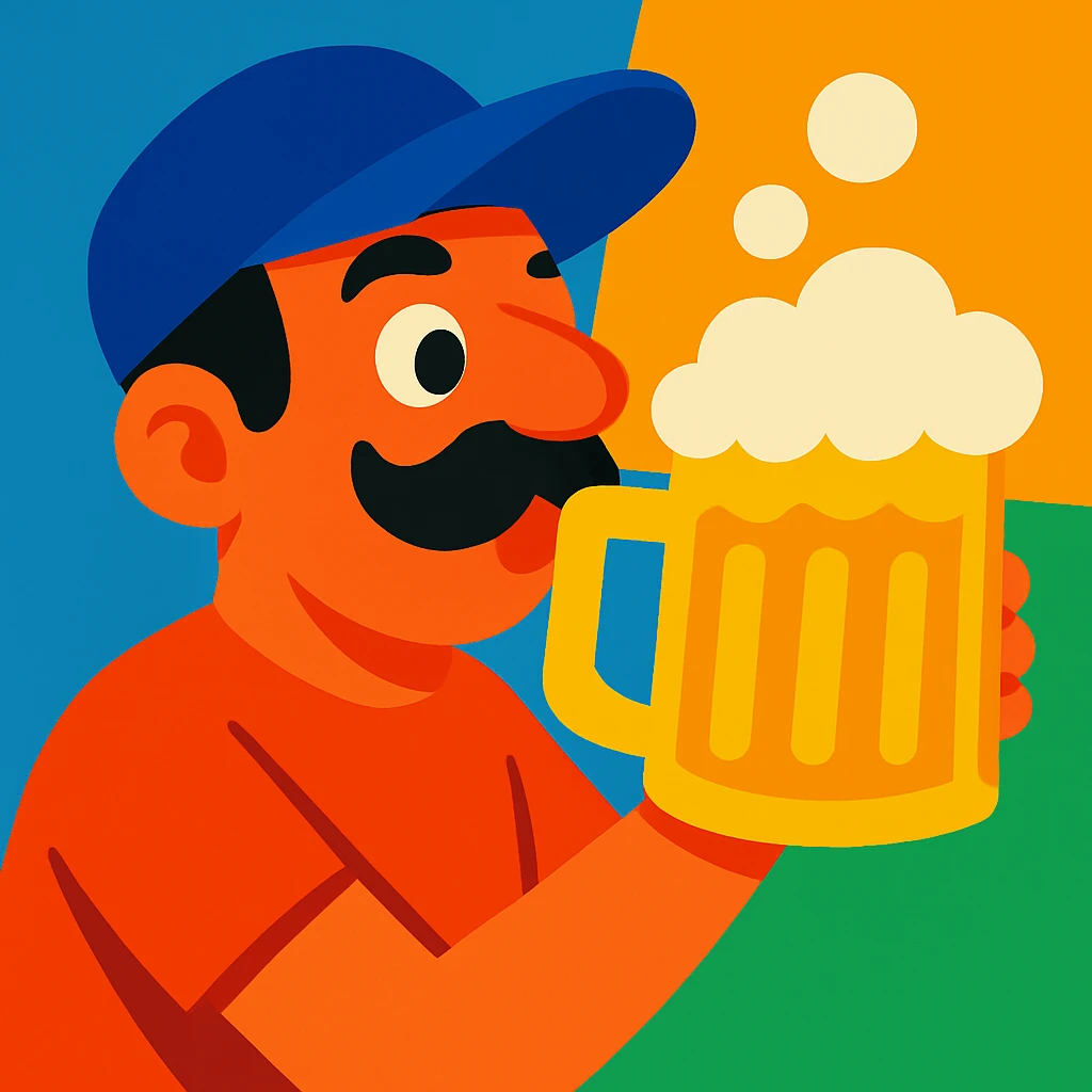 Change the hat to a baseball hat, keep vibrant cartoon style, guy drinking beer. emoji