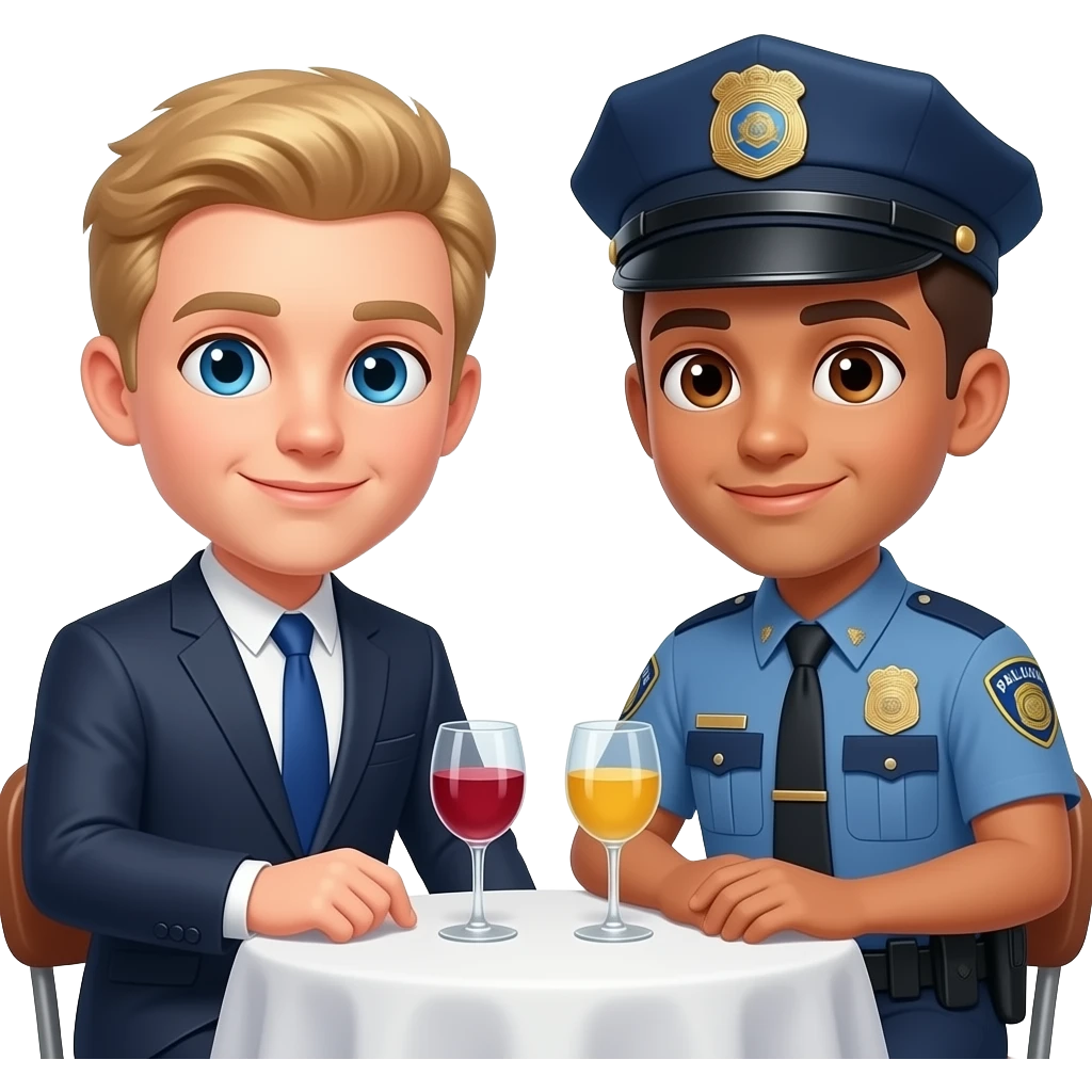 Make a young gay couple on a Date , one has light Skin with Blond Hair and Blue Eyes, the other one has slightly brown skin witz dark Brown Hair and Brown Eyes. The blond one is dressed as a banker, the brown one is dressed as a police officer. emoji