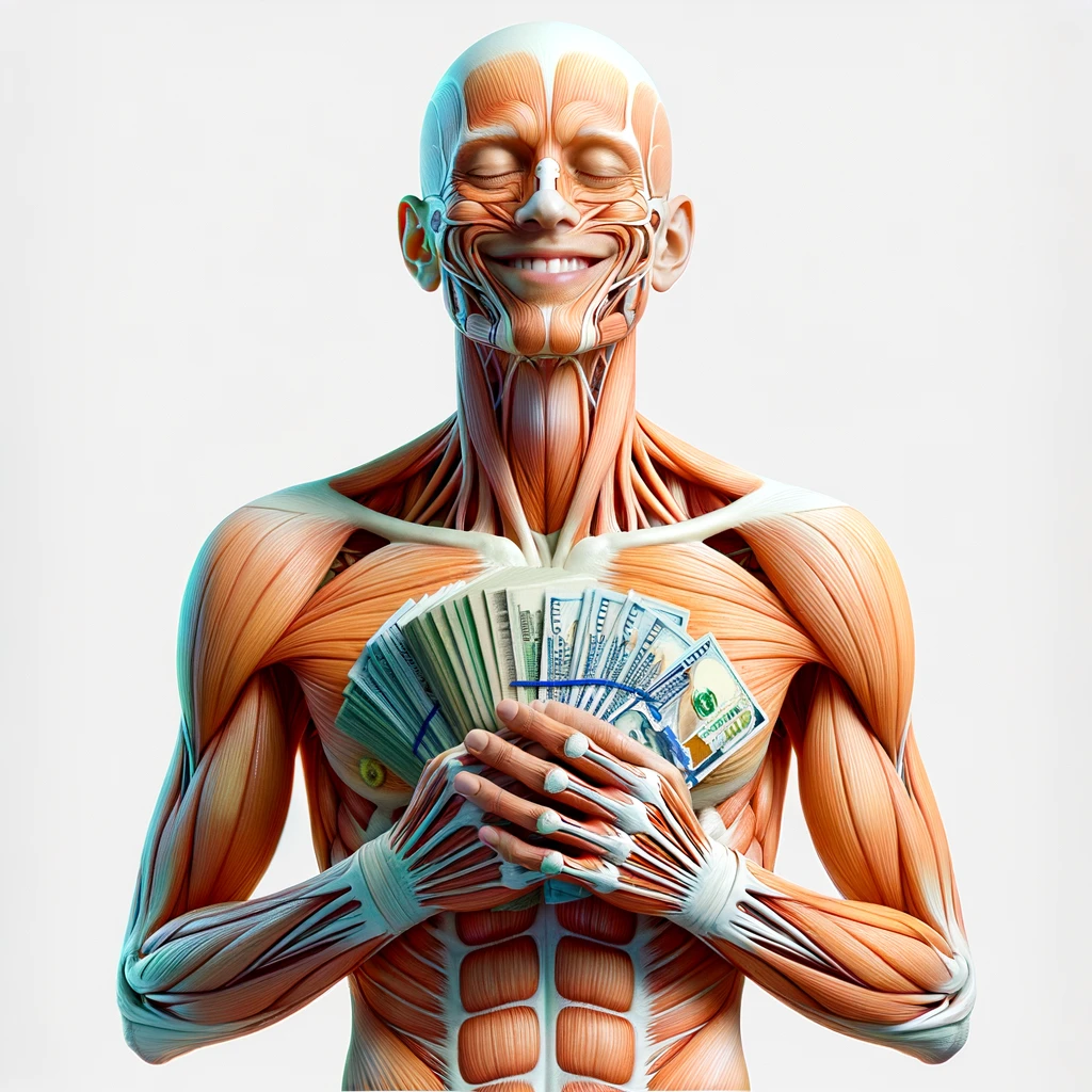 corpo umano anatomico sereno e felice con una buona opportunità per le mani insieme a banconote, iperrealistica 4k, isolato su sfondo bianco emoji