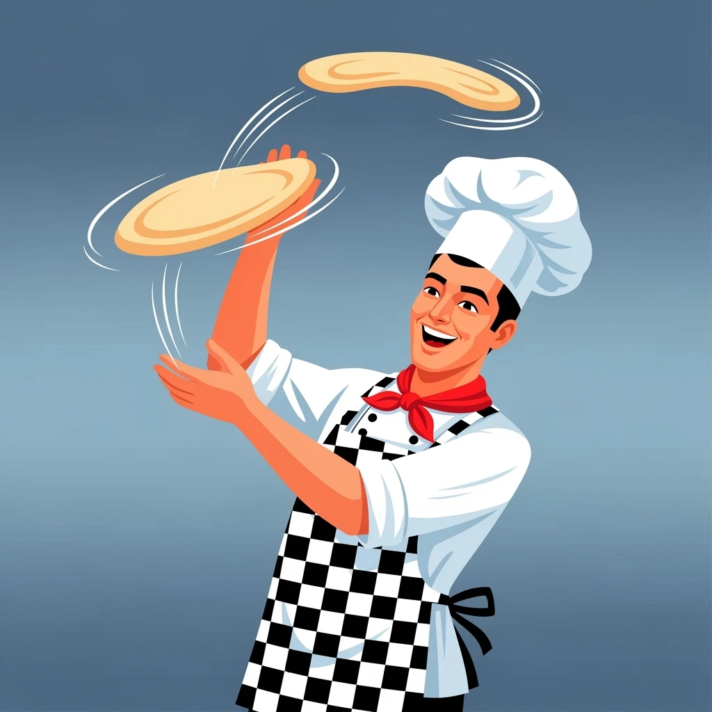 digital vector art of smiling Italian chef spinning pizza dough emoji