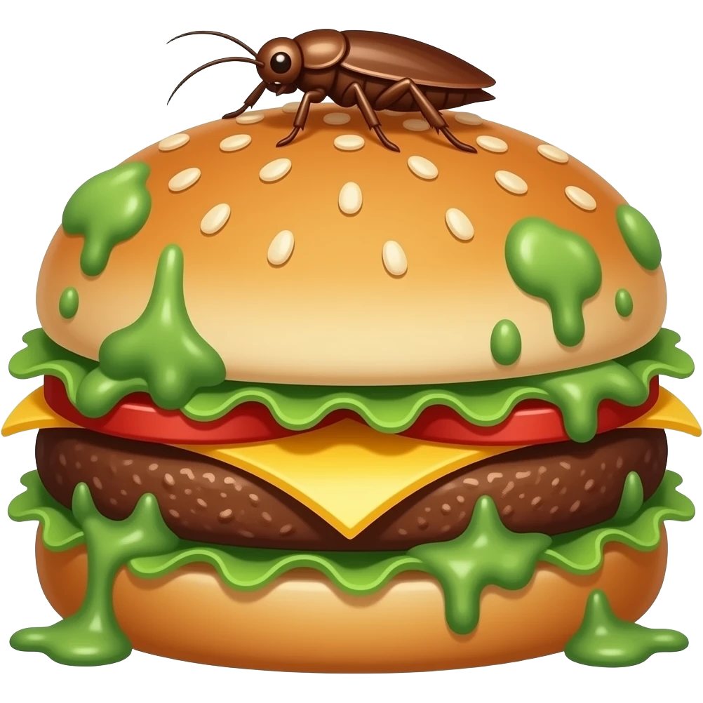 moldy rotten hamburger. molds should be green and cartoonish. there will be a cockroach on it. no face emoji
