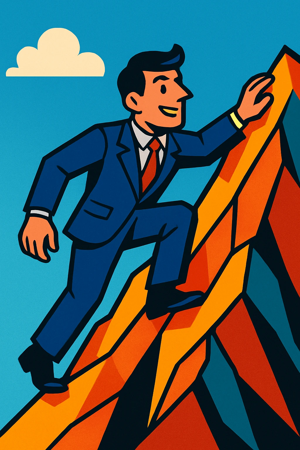 man climbing a mountain in a suit, vibrant toon style emoji
