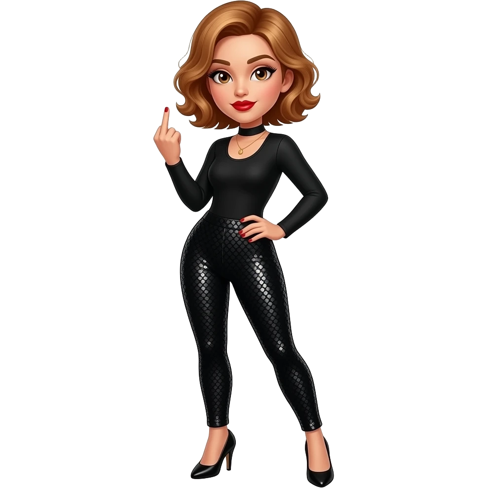 glamours,-tanned,-very-beautiful-woman-with-big-plump-red-lips,-long-long-lashes,-honey-silky-very short- hair,-wavy-hair,-hazel-eyes- wearing-black-Long-sleeved-bodysuit-and-black-sequinned-pants-black-black stilettos-and-sticking-up-middle-finger-full body emoji