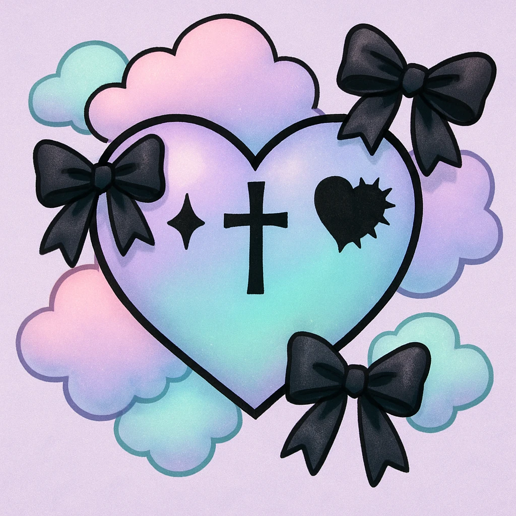 pastel goth heart with pastel clouds and black bows emoji