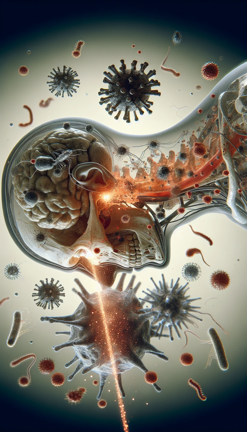 corpo umano anatomico di profilo con virus e parassiti che cercano di attaccarlo , sfondo neutro chiaro, iperrealistico 4k emoji