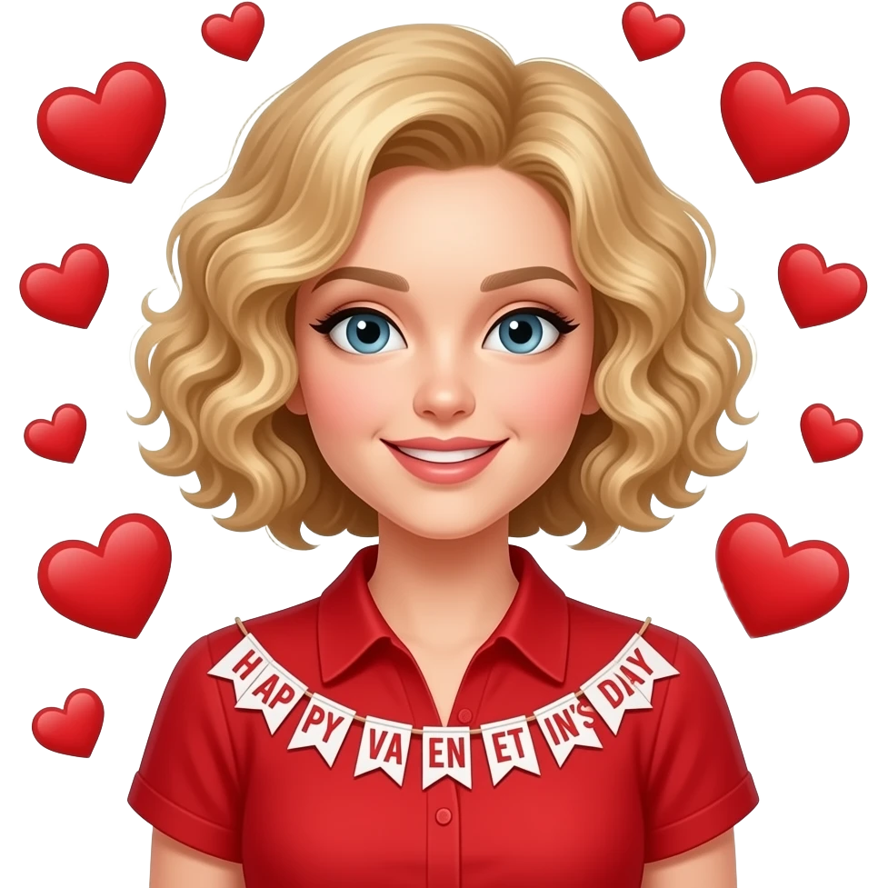 blonde tight curly hair in a short bob with a Happy Valentine's Day banner and a red short sleeve art blouse and hearts around emoji