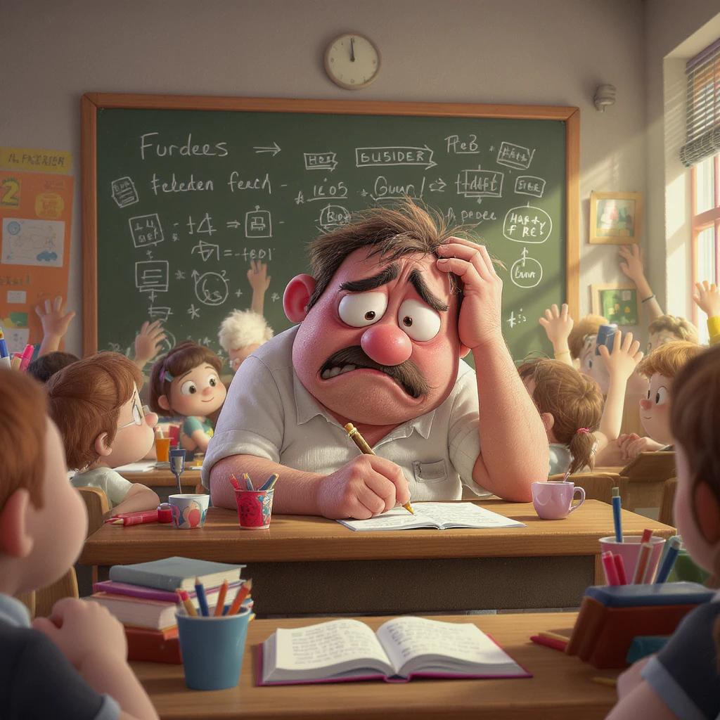 3d cartoon art of a exhausted teacher in a bustling classroom emoji