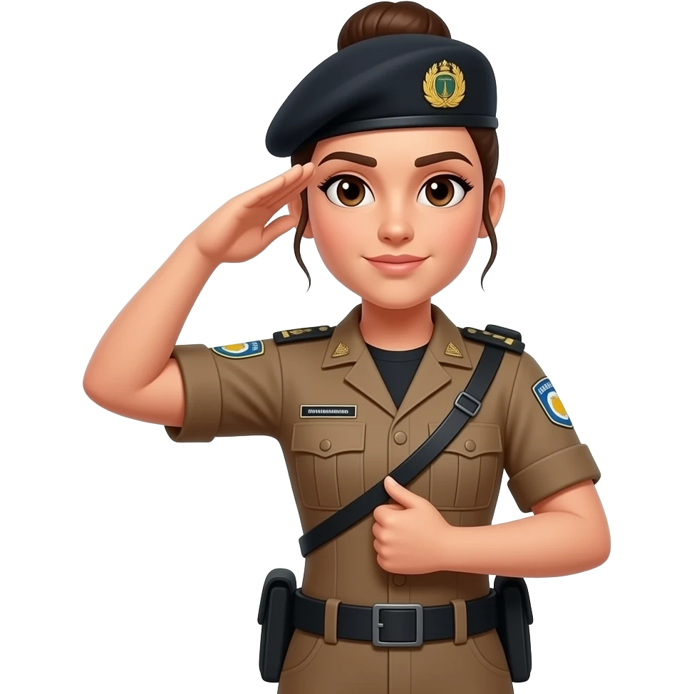 Sargento Gianne Policial militar da bahia feminina morena com cabelo amarrado no coque boina preta e farda marrom e camisa preta por dentro da farda sem enfeites na farda prestando continência emoji