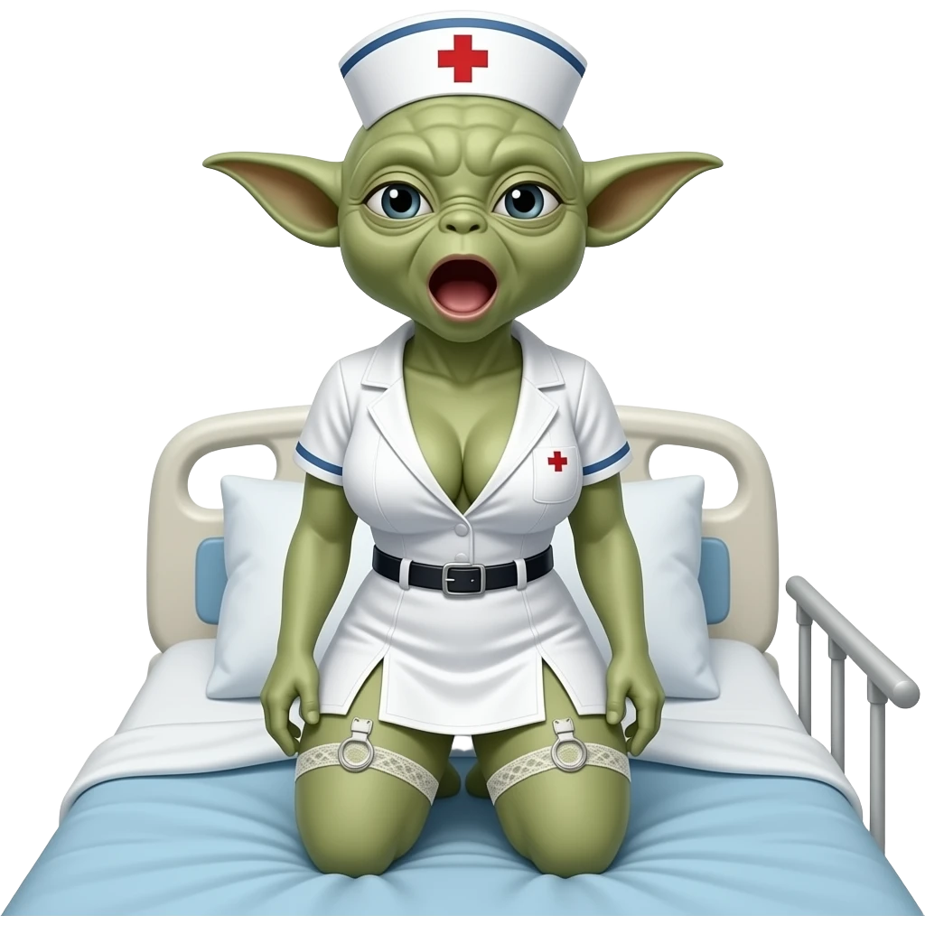 Yoda with nurse, large breasts, garter belt, kneeling , mouth open emoji