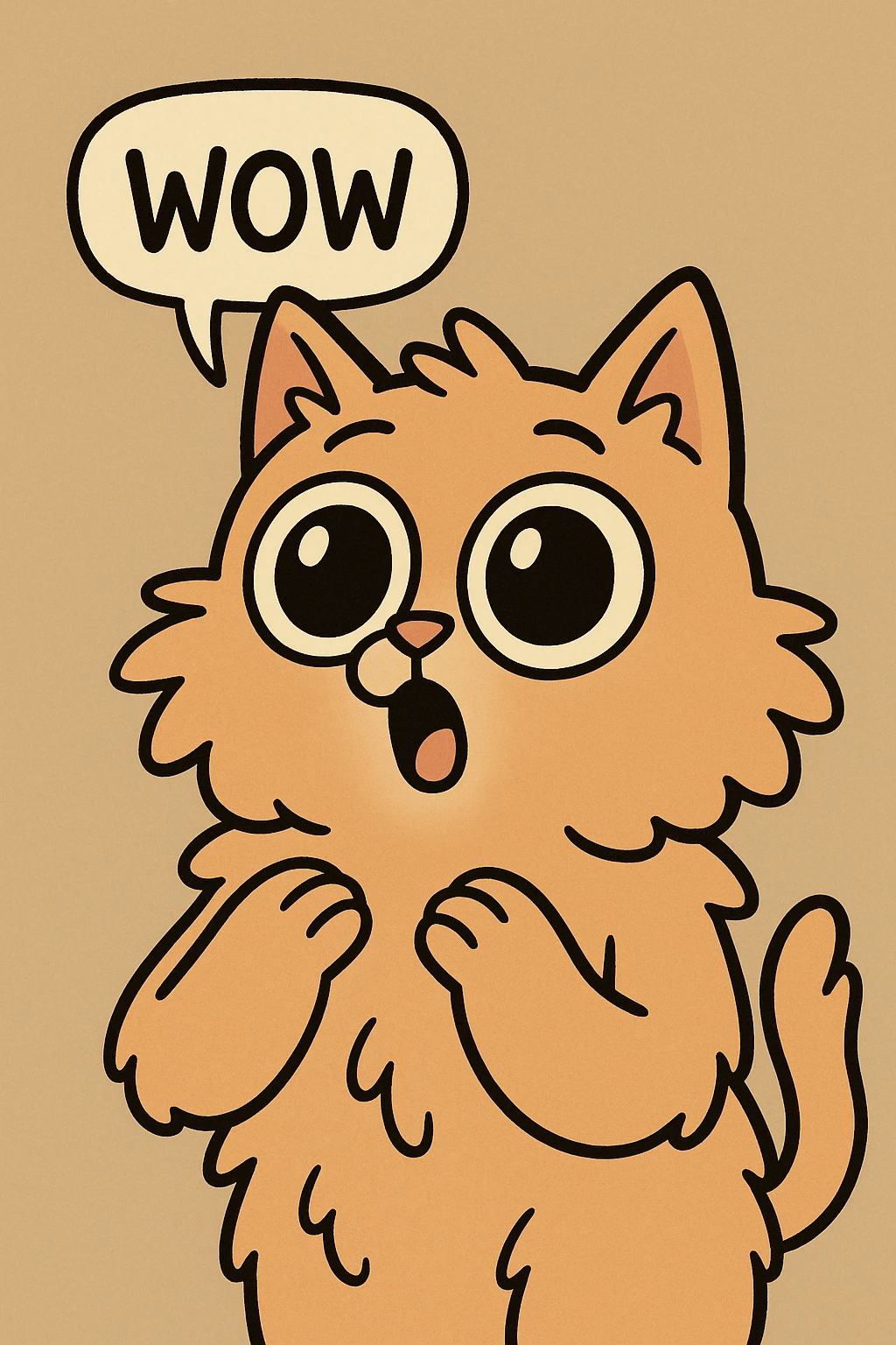 a fluffy cat with big eyes saying 'wow', playful style emoji