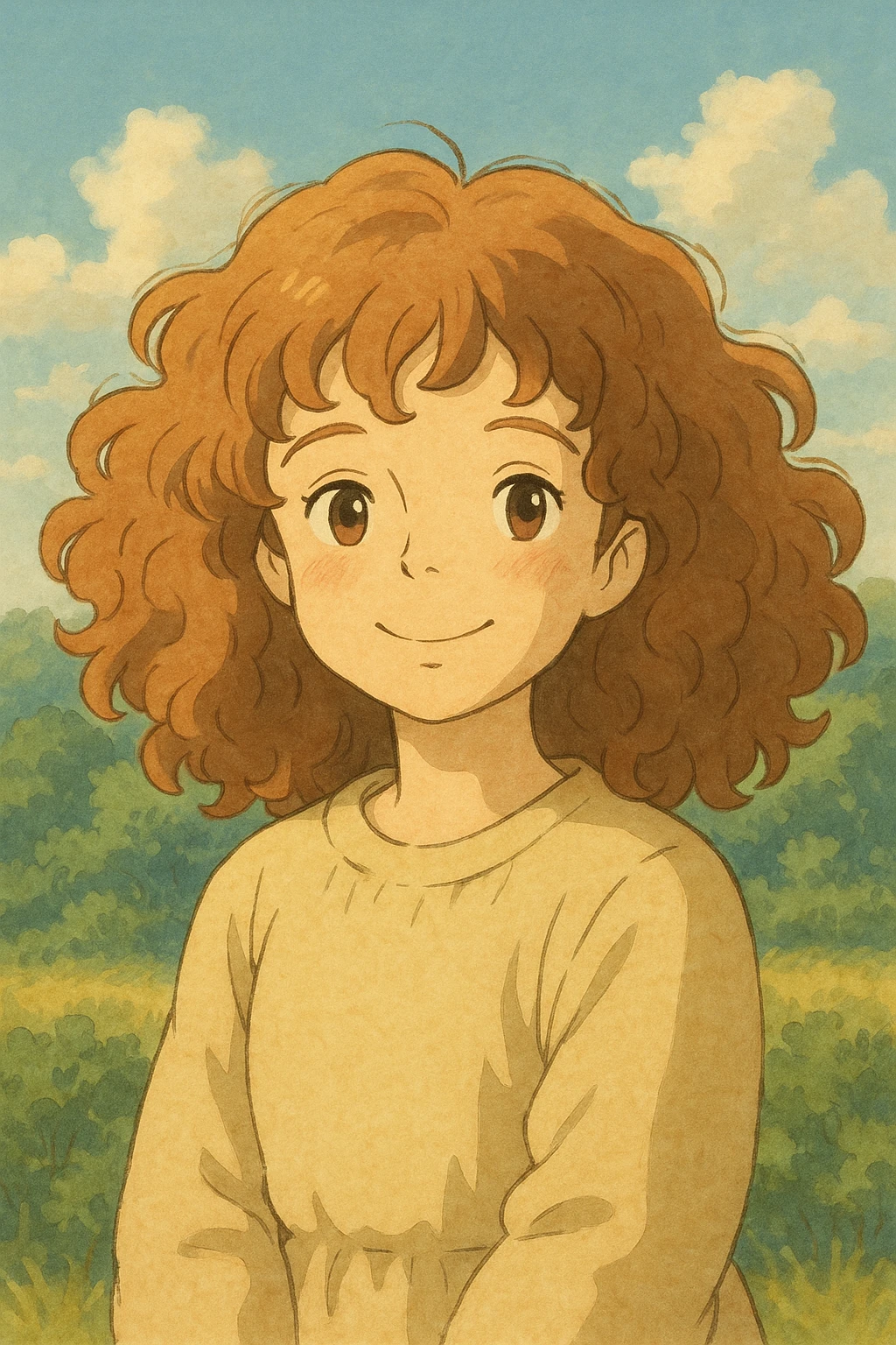 curly hair girl, ghibli style, soft colors, gentle smile emoji