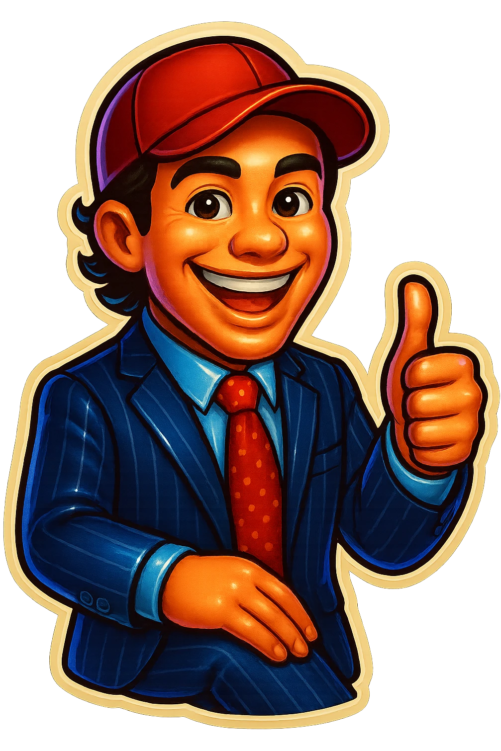 Modify the image of the man so that he is giving a thumbs up. Keep the same retro stickers emoji style, clear, bold, expressive, and about 80% realistic. emoji