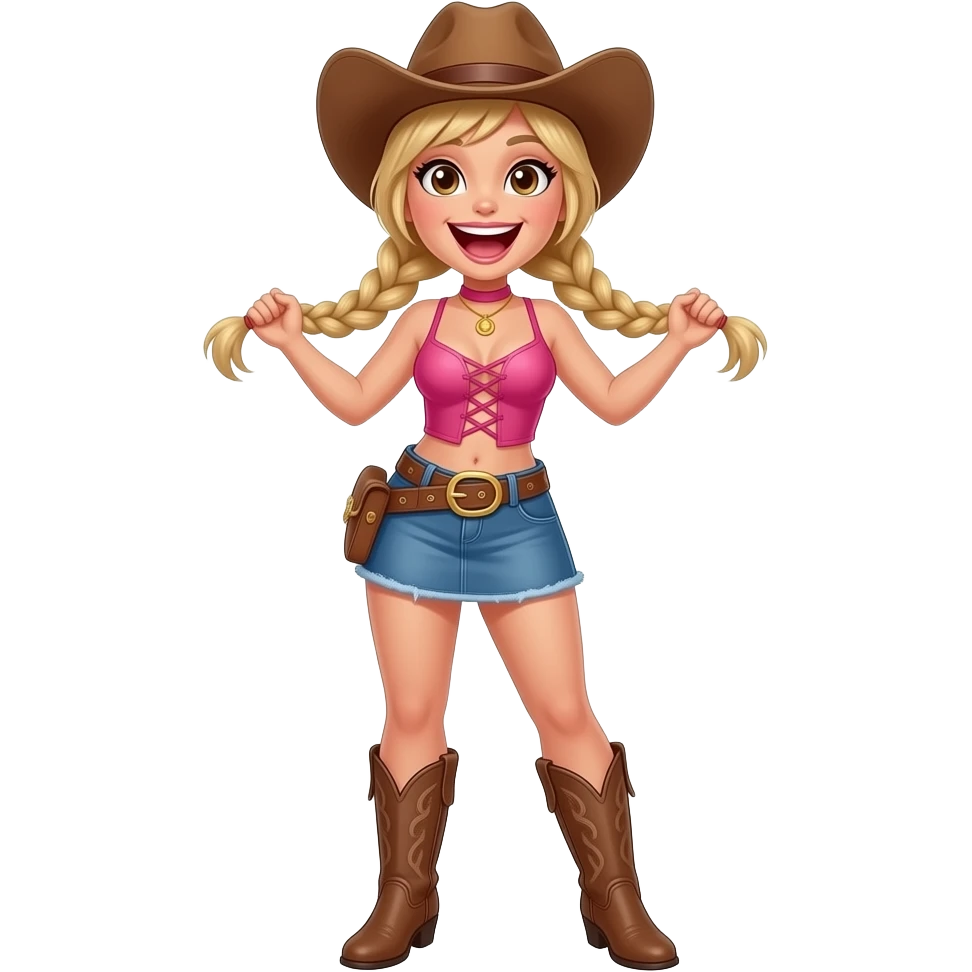 Brown eyed sexy cowgirl with large open mouth, blonde hair in tight braided pigtails in a pink strappy top, short denim skirt and over the knee boots emoji