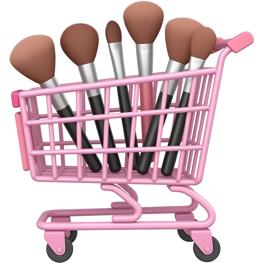 Carrito de compras rosado con brochas de maquillaje emoji