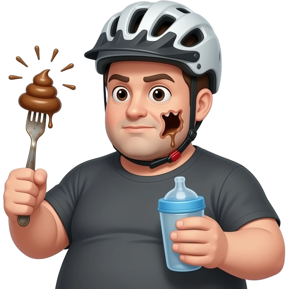 the shits stabber, his face is heavily deformed and melted on the left side and he's wearing a crooked bike helmet, he is stabbing poop with a rusty fork. he is just SO fat and has a sippie cup emoji