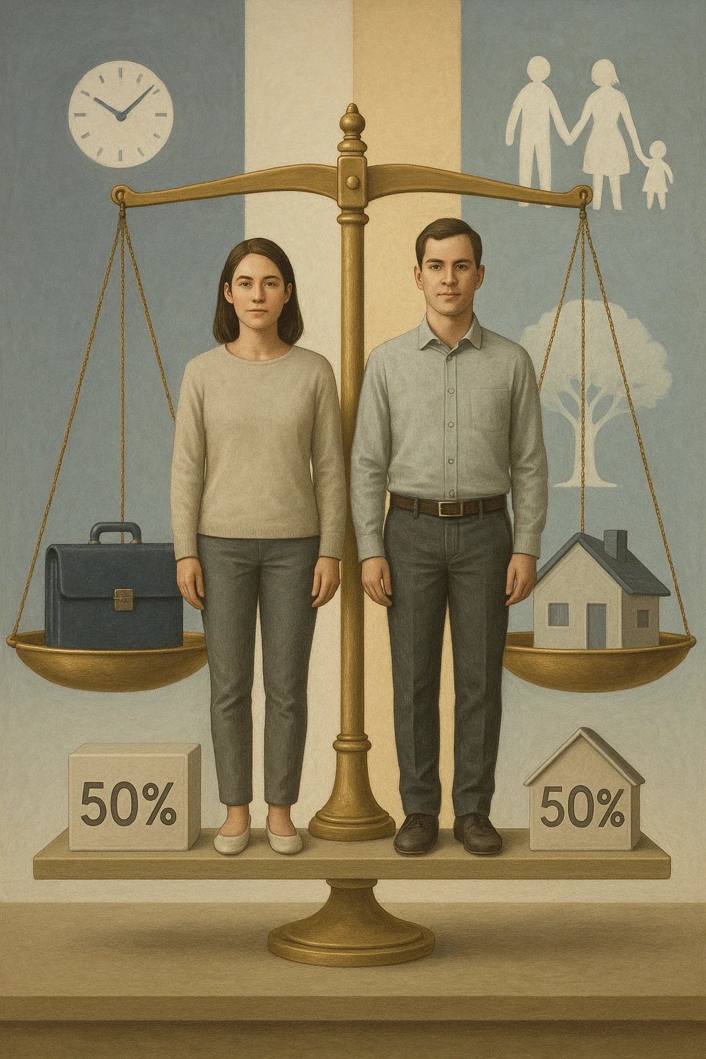 Uomo e donna in piedi l’uno accanto all’altra, al centro di una bilancia perfettamente in equilibrio. Entrambi vestiti in modo simile (moderno e neutro), con espressioni serene e rispettose. Sotto i loro piedi, due blocchi con scritto '50%' ciascuno. Sullo sfondo, elementi divisi simmetricamente: lavoro, famiglia, tempo libero, rappresentati equamente da entrambi. Atmosfera armoniosa, illuminazione equilibrata, colori neutri e simbolici (bianco, grigio, blu e oro). Stile realistico con accento simbolico sul concetto di equità in italiano emoji