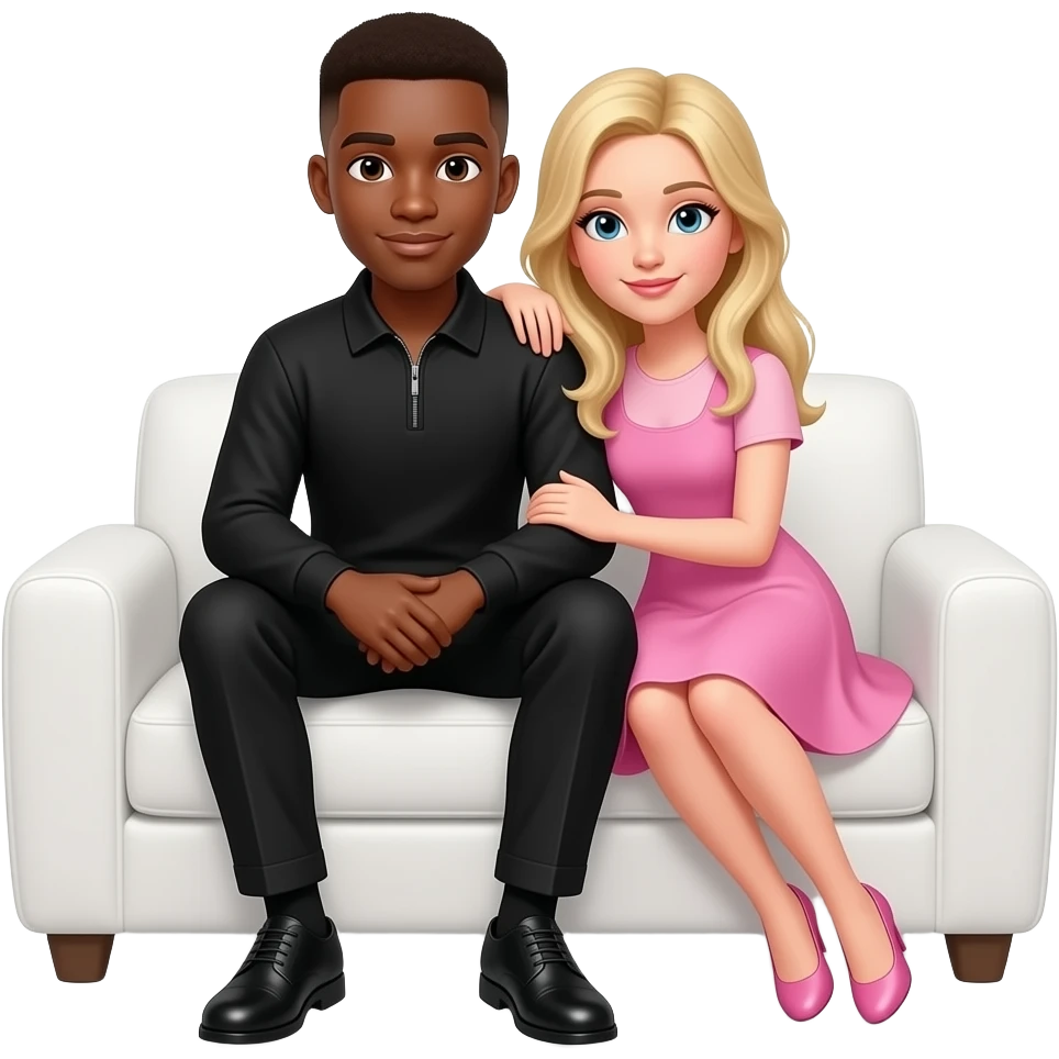 make a black skinned 20 year old man in a brown low taper fade wearing a black quarter zip with super nice black dress pants and black dress shoes and black socks on a rich white couch sitting next to a blondie girl wearing a pink dress and he as her arm around her emoji