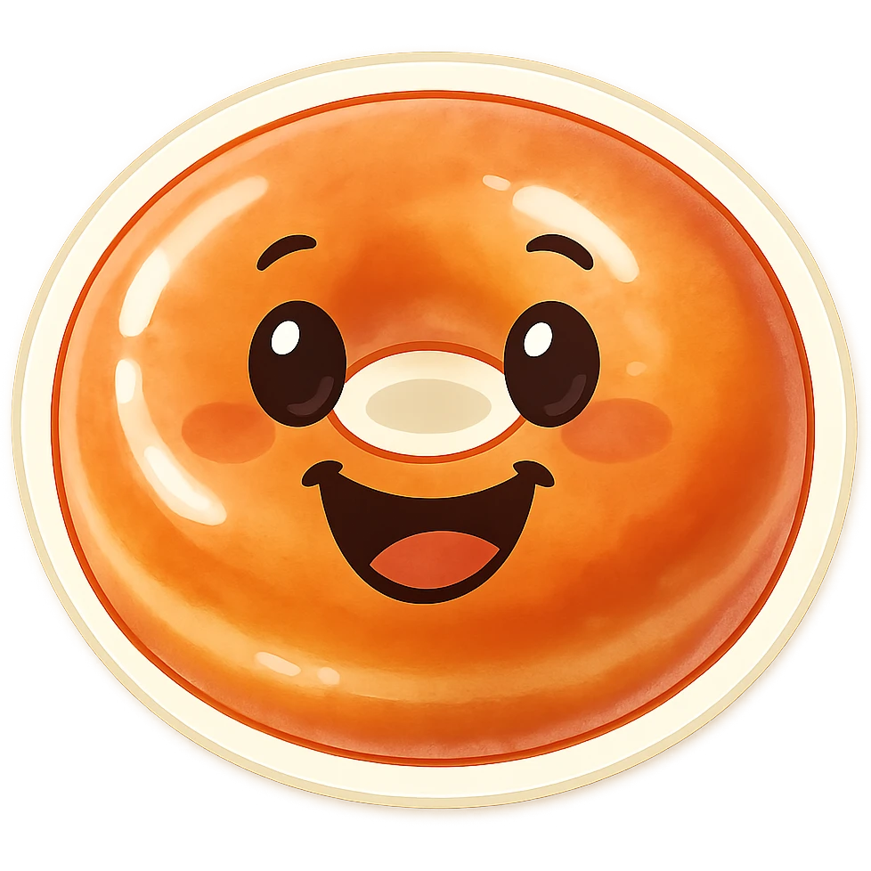 Turn this Krispy Kreme glazed donut into a cute emoji style donut with a smiling face, big eyes, and a playful expression, keeping the shiny glaze and soft texture. Transparent background. emoji