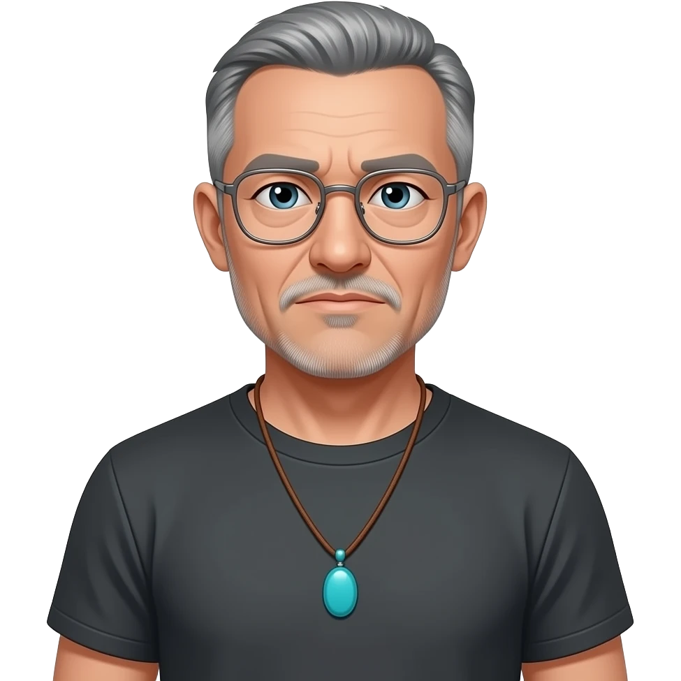 pointed chin indifferent pointed chin haved face pendant Turquoise on brown paracord t shirt shaved grey short hair full-length photo of extreme streetwear clean-shaven face cool boy thin metal-framed glasses ery entellectual man, 56 years old, street wear stubble, shaved short with clippers emoji