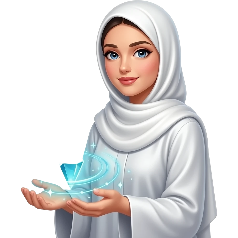 A beautiful woman in a pearl-white satin hijab sitting her left around a glowing, Patreon logo made of crystalline light. Swirling trails of celestial energy and stardust surround her hands, a emerald text: 'What do they get in?'. Isolated on white, soft pastel colors, 3D icon style, ultra-detailed emoji