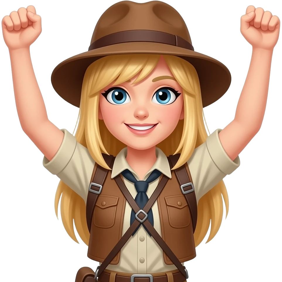 Quiero una chica rubia, con pelo liso y con el flequillo abierto por la mitad, los ojos azules y de ropa tiene que ir como una viajera estilo indiana jones y debe aparecer como dando ánimo con los brazos emoji
