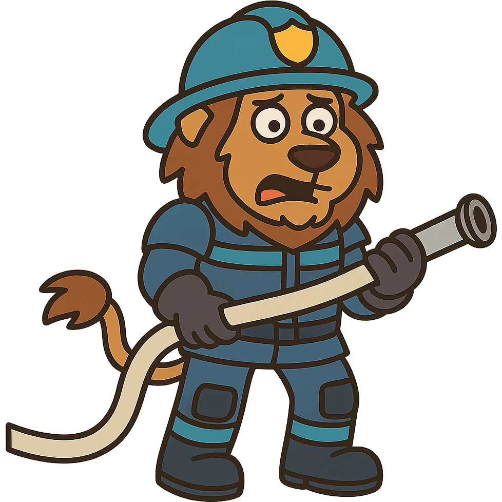 Change the fireman uniform to a futuristic firefighter suit, keep the lion holding a hose, cartoon style, no background. emoji