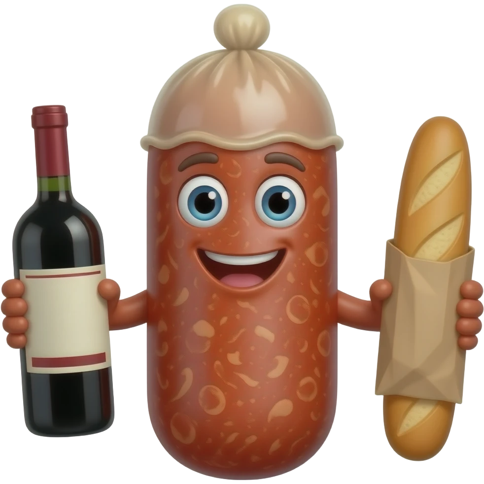 Full Sausage with a condom up to tip. The sausage has arms with a bottle of wine in one hand and a baguette in the other. emoji