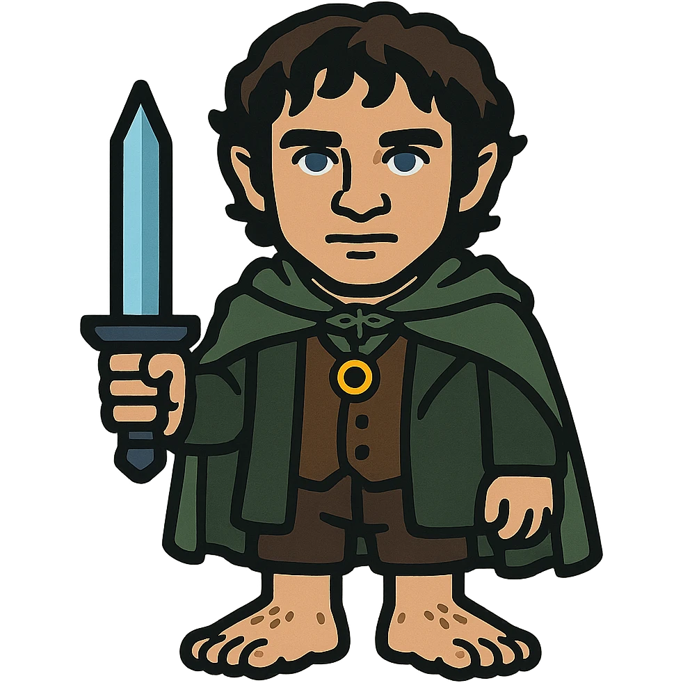 Whole body image of Frodo Baggins from the lord of the rings movie in pixel art style. Make Frodo look like the actor that portrayed him in the movie, Elijah Wood, blue eyes and dark curly hair. Frodo is wearing the same green elven cloak with the leaf buckle, brown vest, cream undershirt, dark brown leather short pants, and hairy hobbit feet. He is wearing a golden yellow ring on a necklace. he's also holding the same blue sword that bilbo is holding in the reference image. emoji