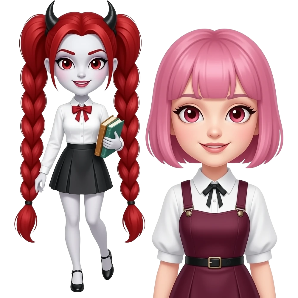 Vampiro femmina ADOLESCENTE con pelle bianca e capelli rossi raccolti in due trecce alte indossa una gonna corta e una camicetta bianca con i tacchi neri e tiene dei libri mentre cammina con la sua amica VAMPIRA con i capelli corti rose e la frangia e con una camicetta che fa' da vestito emoji