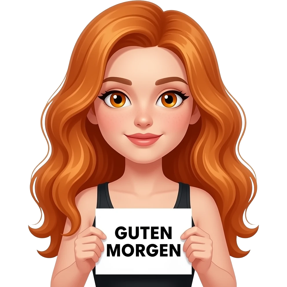 sexy girl with long wavy ginger hair and ginger eyes wearing a black tanktop is holding a white colored sign with GUTEN MORGEN written on it emoji