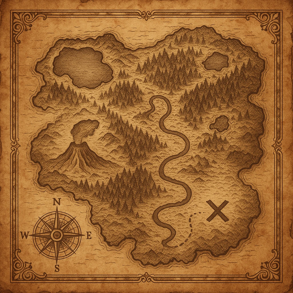 A big, realistic treasure map of a fantasy land, showing lakes, volcanoes, dense forests, and a winding river leading to a hidden treasure marked with an X. Style: old, weathered, and richly detailed. emoji