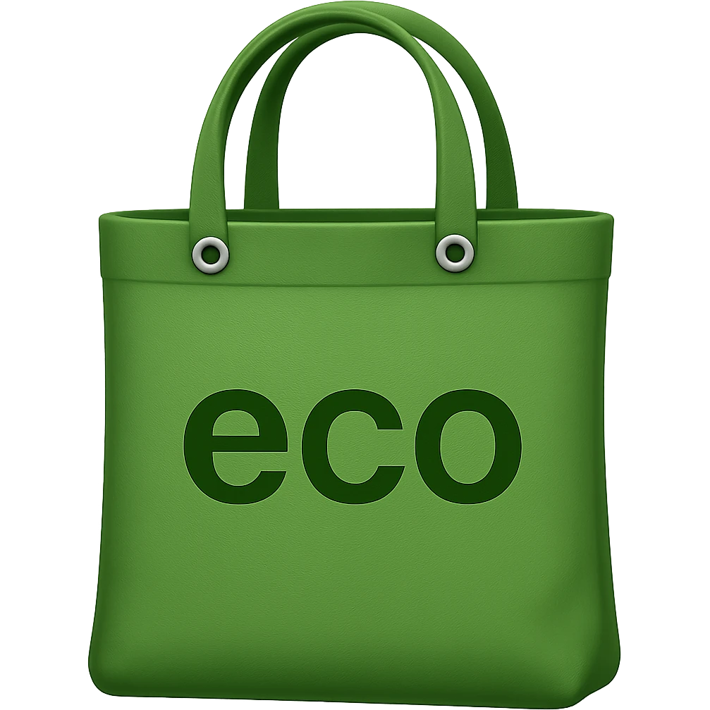Add the word 'eco' as a logo to the bag, make the bag green, in the style of apple emojis with no background (transparent). The style is apple emoji style, concise and clean. emoji