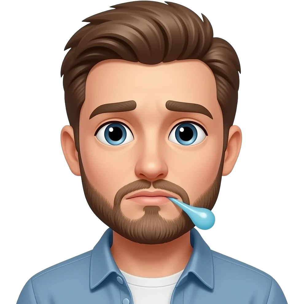 Un emoji qui s’ennuie en soufflant Il a les cheveux brun et un petit bouc aussi emoji