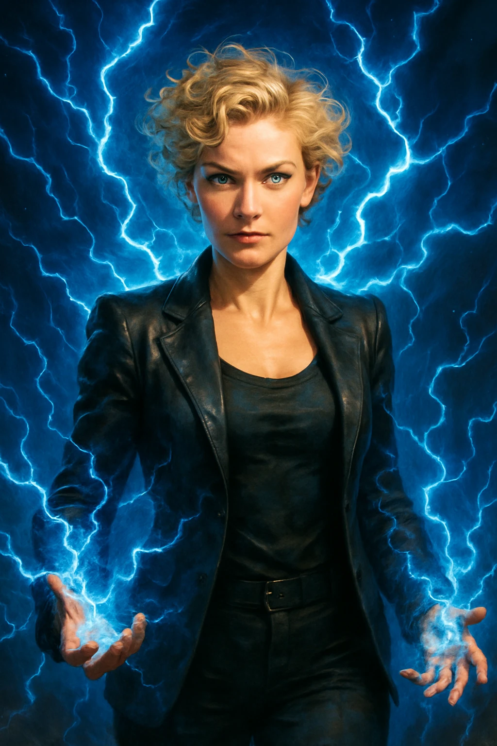 a woman with short curly blonde hair, blue eyes, and blue electric aura, looking powerful emoji