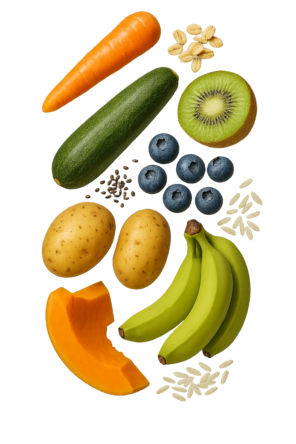 carota, fiocchi di avena, zucchine, kiwi, mirtilli, semi di chia, patate, banane acerbe, zucca, riso fluttuano in aria verticalmente, iperrealistici 4k emoji