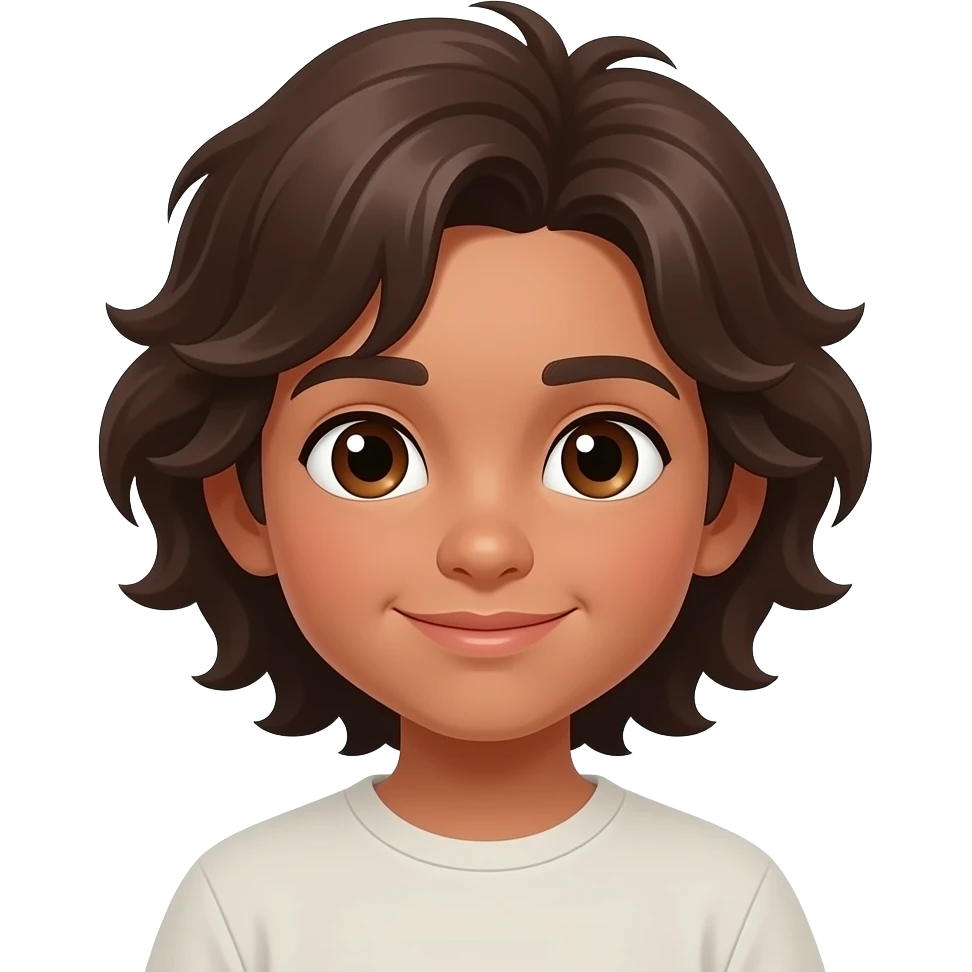 Niño pequeño moreno con pelo marrón oscuro largo por los hombros y ondulado y los ojos marrones emoji