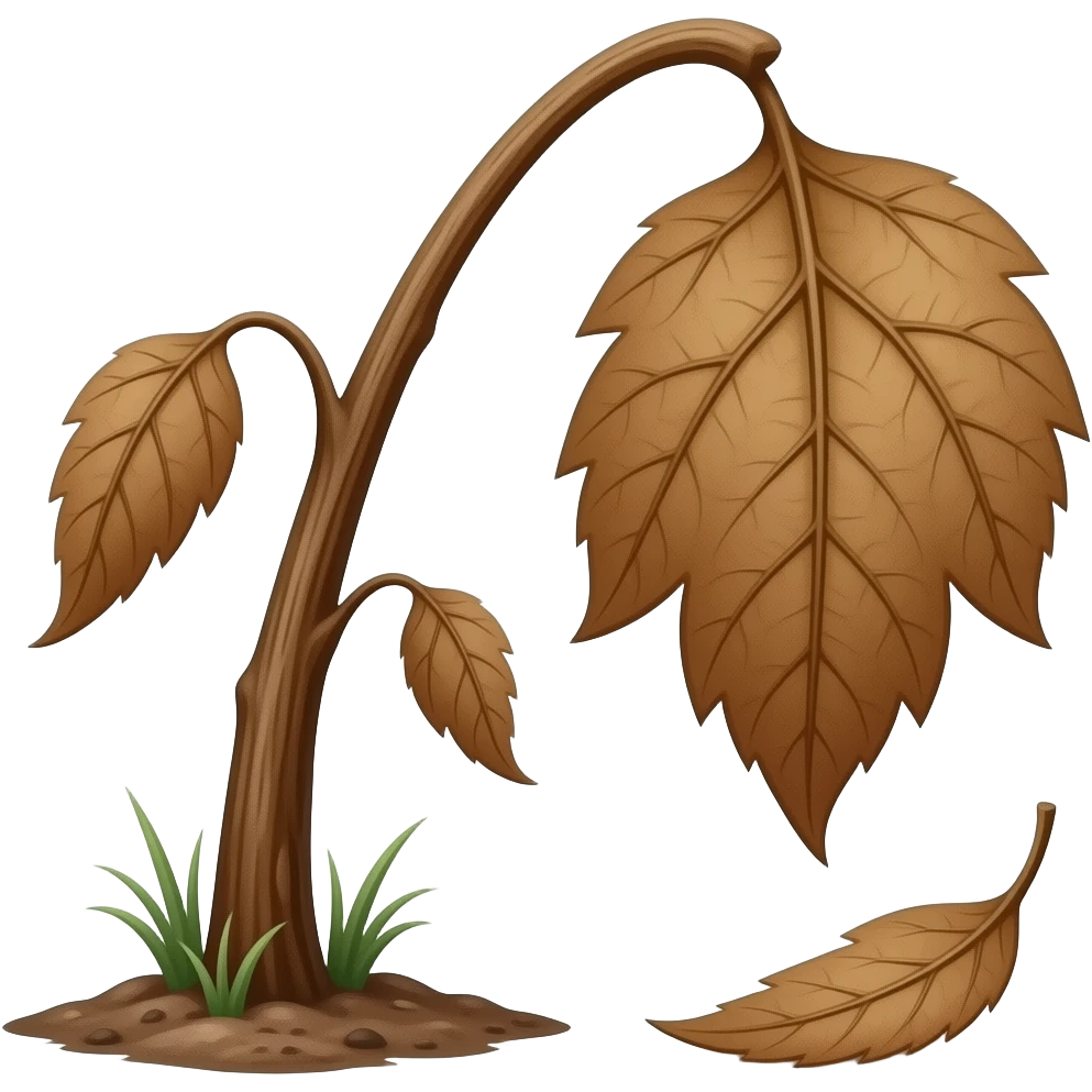 Wilted dead dark brown plantstem from the ground with leafs hanging and a leaf falling to the ground emoji