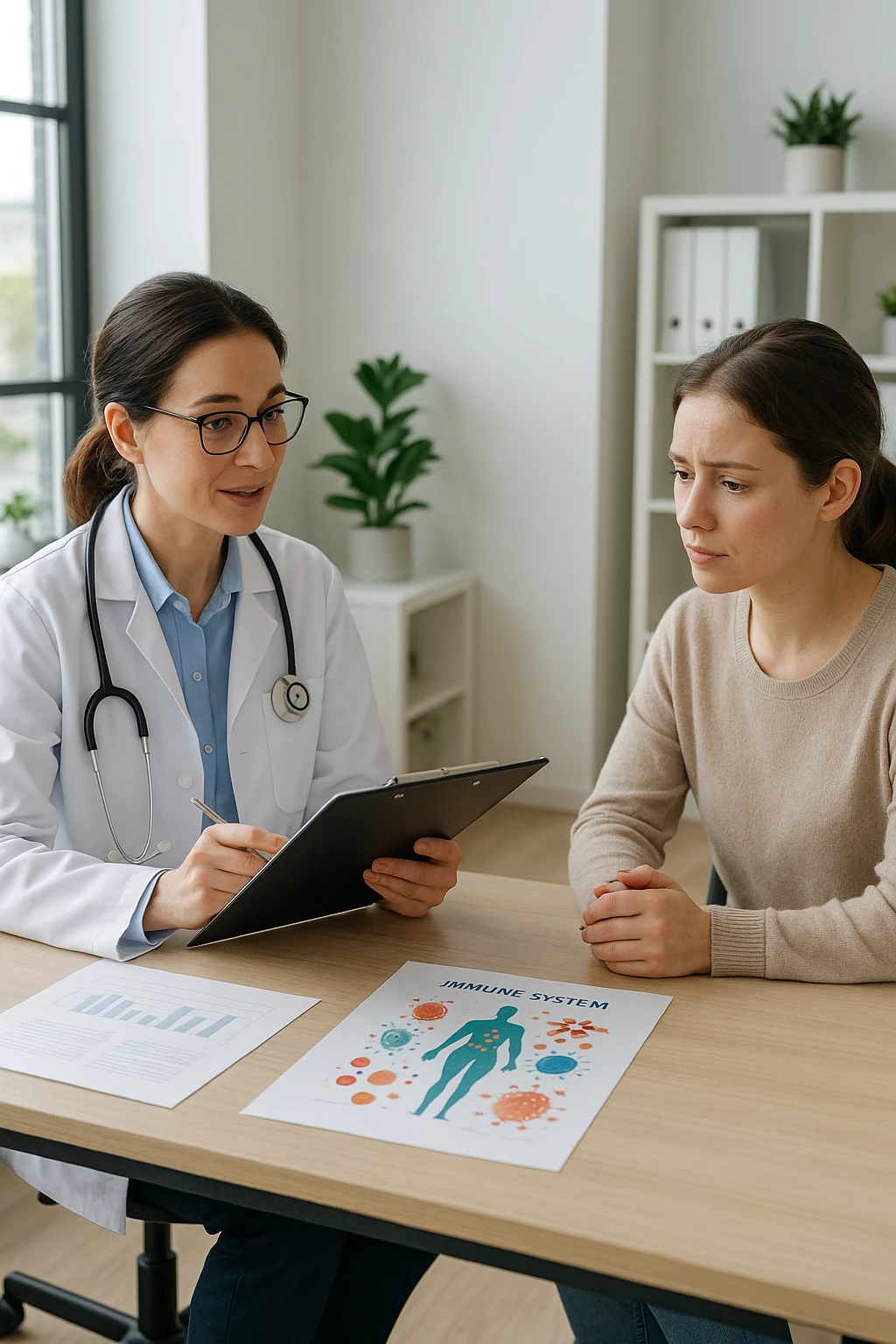 a doctor sits across from a patient in a bright, modern medical office. The doctor holds a clipboard and gently explains the diagnosis, while the patient listens with a concerned but attentive expression. On the desk, there are medical charts and a diagram of the immune system. The mood is empathetic and professional. emoji